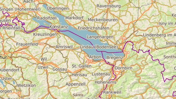 O trasu mezi St. Gallenem (erven znaka) a Friedrichshafenem (modr) nebyl oekvan zjem