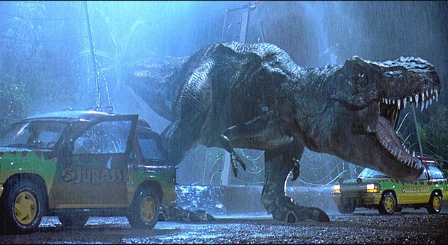 Tyranosaurus se v Jurskm parku utrhl ze etzu.