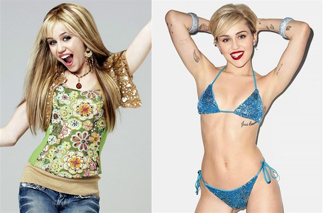 Miley Cyrus nalevo coby nevinná Hannah Montana, napravo jako holka, která nás...
