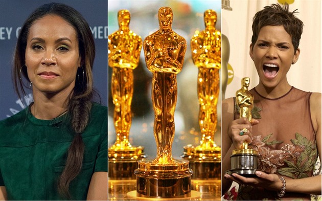 Jada Pinkett Smith se vymezuje vi bílým Oscarm. Vpravo Halle Berry coby...