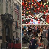 Zhruba dv st lid se selo ped americkou ambasdou v Praze, aby uctili...