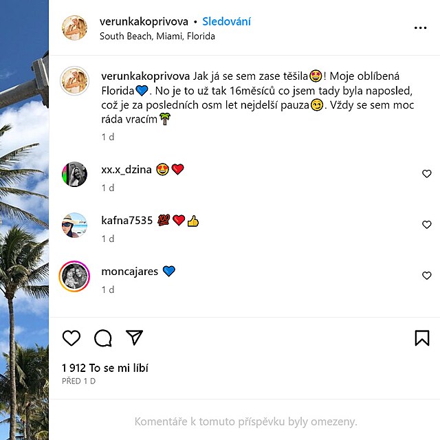 Veronika Kopřivová už je konečně na své milované Floridě.
