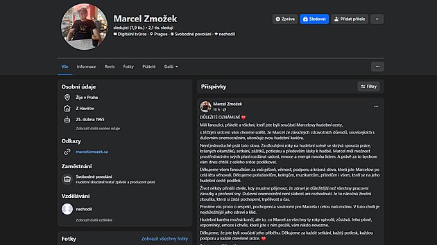 Rodina Marcela Zmožka zveřejnila na Facebooku oznámení o důvodech ukončení zpěvákovy kariéry. (19. října 2026)