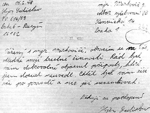 Hojerv dopis - Fotografie dopisu, který L. Hojer zaslal vyetovateli.