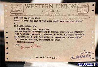 Telegram - pozvánka na poheb prezidenta USA J.F. Kennedyho. Adresátem byl Martin Luther King.