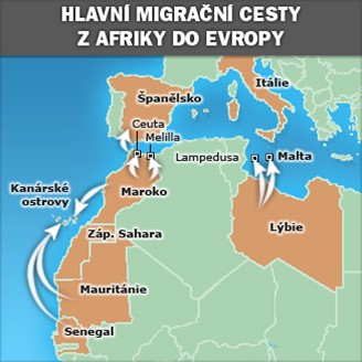 Mapka - Hlavn migran cesty z Afriky do Evropy