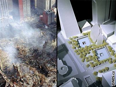 Ground Zero tsn po útocích a tak, jak by si jeho obnovu pedstavovali architekti.