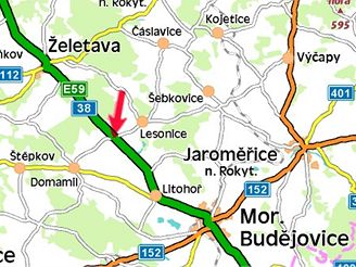 mapa, nehoda u Moravskch Budjovic