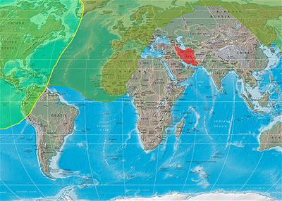 Mapa pedpokládaného pokrytí americké protiraketové obrany.
