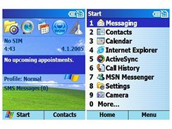 WM 2003 SE - obrazovka Dnes a Start menu