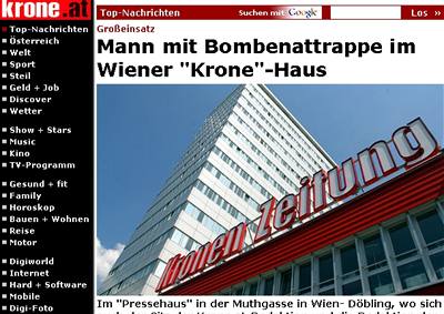 Sebevraedný útoník hrozil výbuchem v budov deníku Kronen Zeitung.