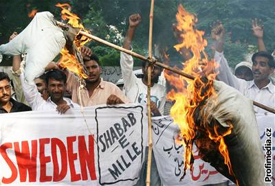 Protesty islamistické strany v Pákistánu proti karikatue védského kreslíe Larse Vilkse. 