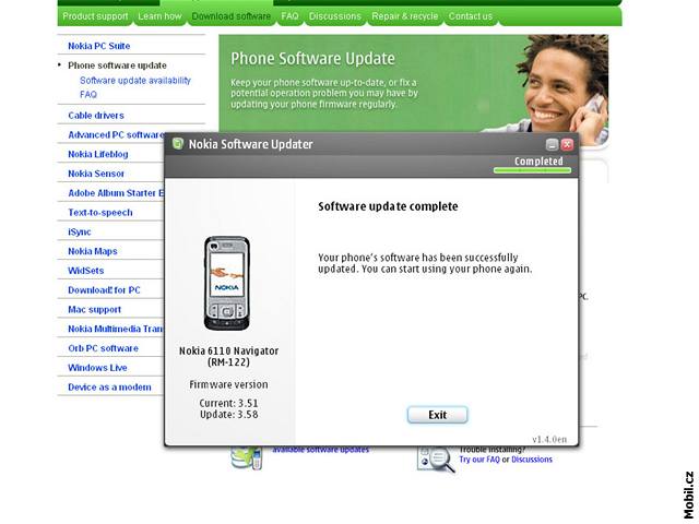 Prbh aktualizace telefonu Nokia pomocí sluby Phone Software Update
