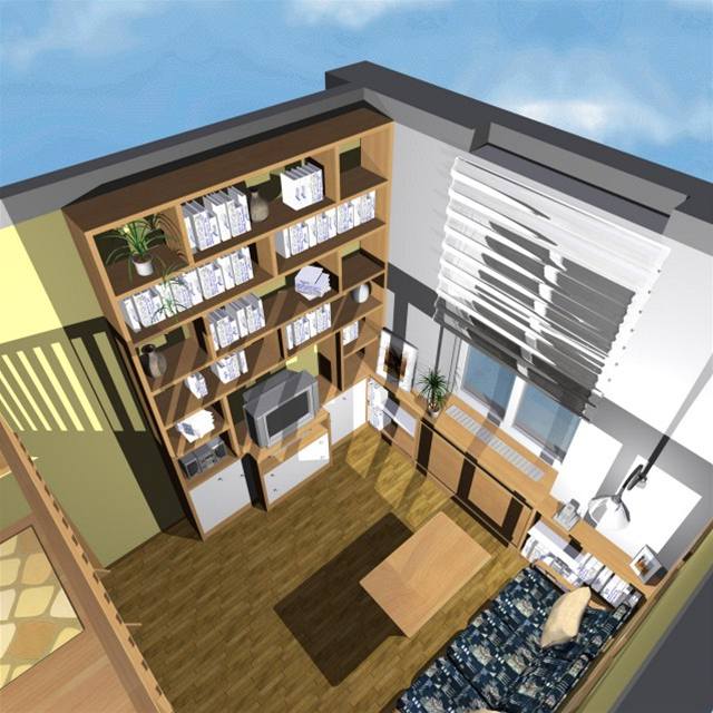 Obývací pokoj s patrem na spaní a knihovnou