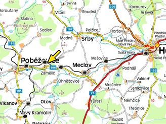 nehoda, pejezd Pobovice, mapa