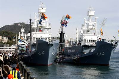 Japonské velrybáské lod pipravené k vyplutí.