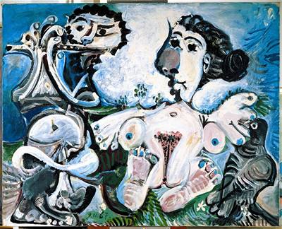 Pablo Picasso: ena s ptákem a flétnistou, 1967
