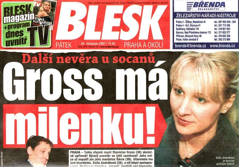 Údajná milenka Stanislava Grosse Soa Jindráková na titulní stránce deníku Blesk