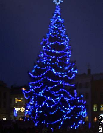 Mode osvtlený vánoní strom v Jihlav.