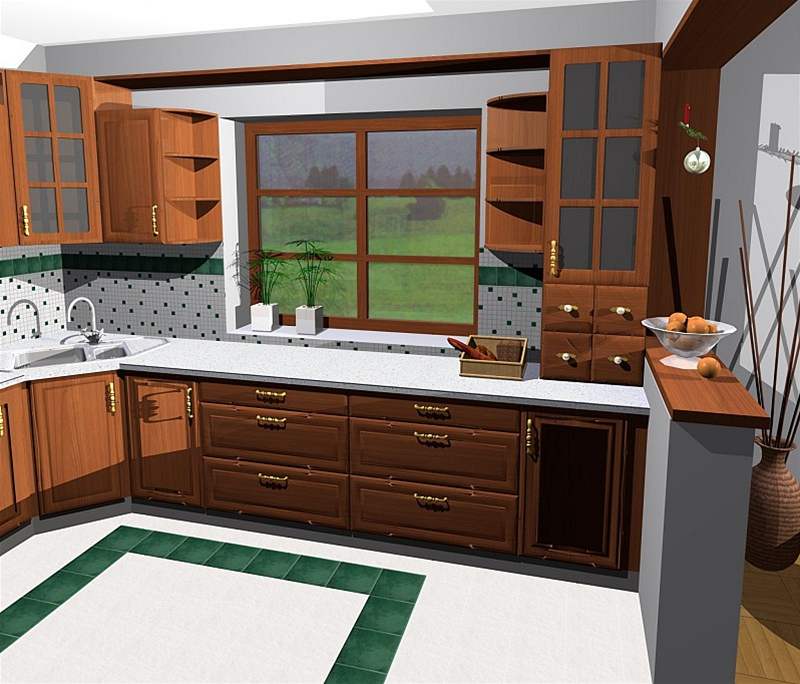 Obývací pokoj s kachlovými kamny a kuchyn v teni