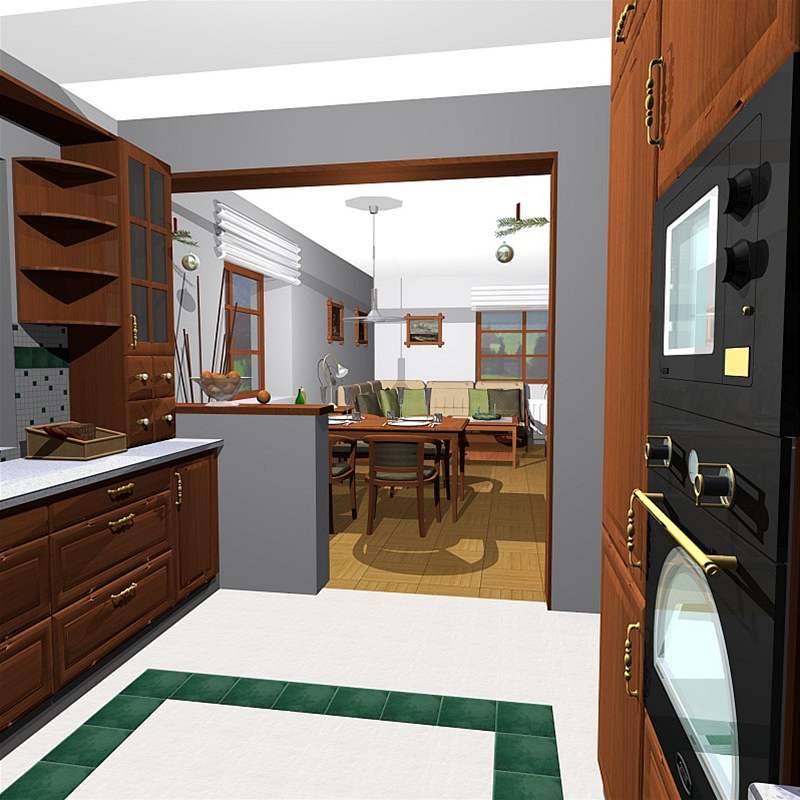 Obývací pokoj s kachlovými kamny a kuchyn v teni