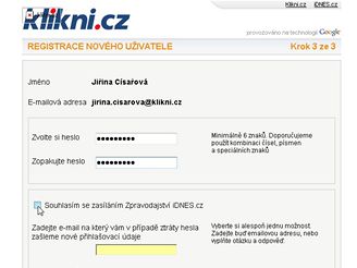 Klikni.cz Registrace novho uivatele