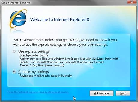 Internet Explorer 8 Beta 1 - Náhled