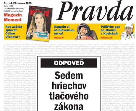 Titulní strana slovenské deníku Pravda