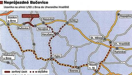 Mapa objdk kvli oprav silnice I/50 v Buovicch