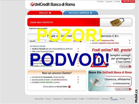 Podvodné stránky útoící na klienty UniCredit Bank