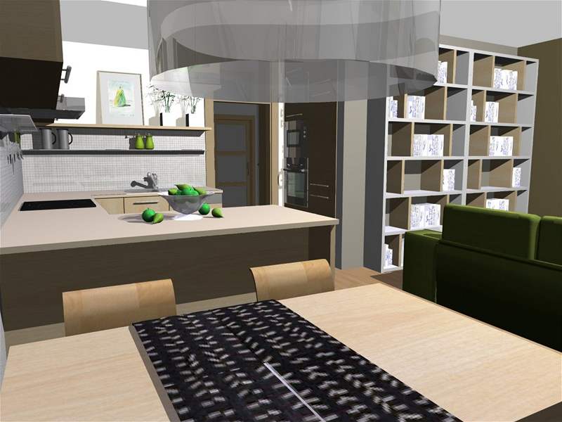 Obývací pokoj oivuje pohovka v syt zelené barv