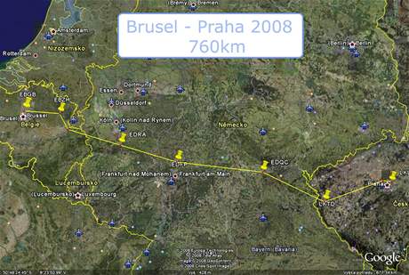 Trasa letu Avie BH 5 z Prahy do Bruselu
