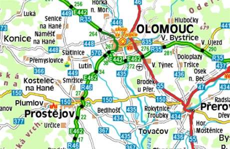 mapa - hromadn nehoda mezi Prostjovem a Olomouc (7.8.2008)