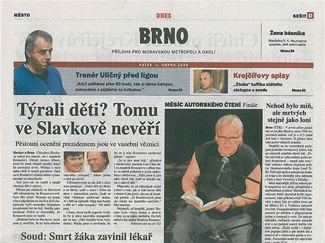 Titulní strana brnnské pílohy MF DNES z 1. srpna 2008