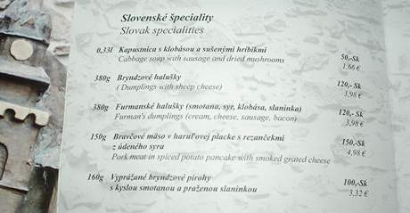 Jídelní lístek v restauraci Silvanus v Kremnici
