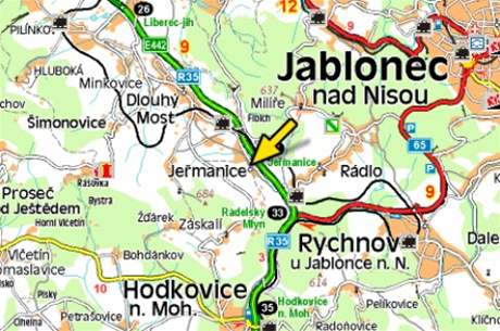 mapa - nehoda na R35 u obce Jemanice (2.9.2008)