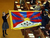 Kateina Jacques a Ondej Lika rozprosteli ve Snmovn tibetskou vlajku na protest proti návtv ínské delegace, 25. záí 2008
