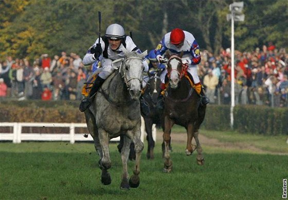 Velká pardubická: Josef Barto s blkou Sixteen (v popedí) na cílové rovince