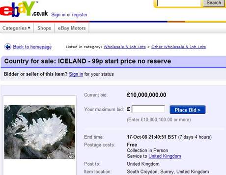 Internetová aukce Islandu probíhá na portálu eBay.com do pítího pátku.