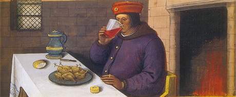 Jean Bourdichon (1457 - 1521): M욝an pije vno ze sklennho pohru, ne se pust do pokrmu z malch peench ptk, ilustrace z knihy Jdlo - Djiny chuti