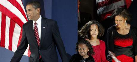 Barack Obama pichází s rodinou na svj projev v Chicagu.