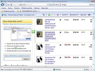 Internet Explorer 8 na eBay - miniaplikace se hls zelen
