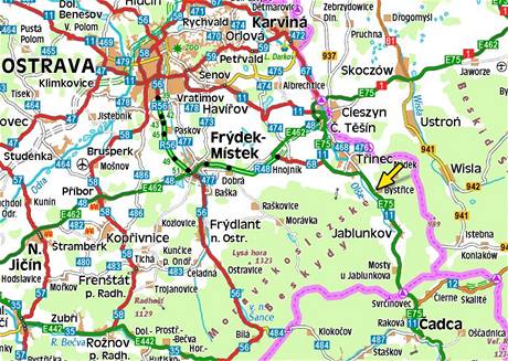 Mapa s vyznaenm Bystice na Frdecko-Mstecku