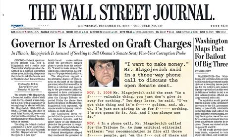 Titulní strana Wall Street Journalu s pepisy odposlech guvernéra Blagojeviche.