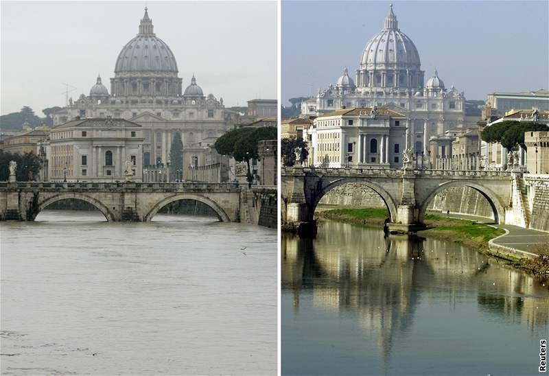 Záplavy v Itálii: Takhle se valí velká voda nedaleko svatopeterské baziliky v centru íma.