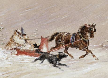 Melodie pvodn krátila dlouhou cestu jezdcm na saních. Autor ilustrace: George Harlow White