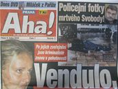 Titulní stránka deníku Aha s fotografiemi mrtvého skladatele Karla Svobody Titulní stránka deníku Aha s fotografiemi mrtvého skladatele Karla Svobody