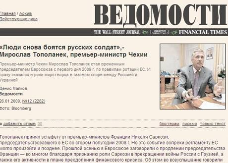 Profil Mirka Topolánka v ruském deníku Vedomosti (26. ledna 2009)