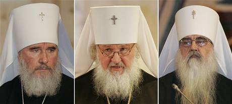 Kandidti na ruskho patriarchu, zleva: metropolita Kliment, metropolita Kirill a metropolita Filaret.