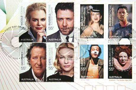 Australtí herci Nicole Kidmanová, Russel Crow, Geoffrey Rush a Cate Blanchettová v nové kolekci potovních známek